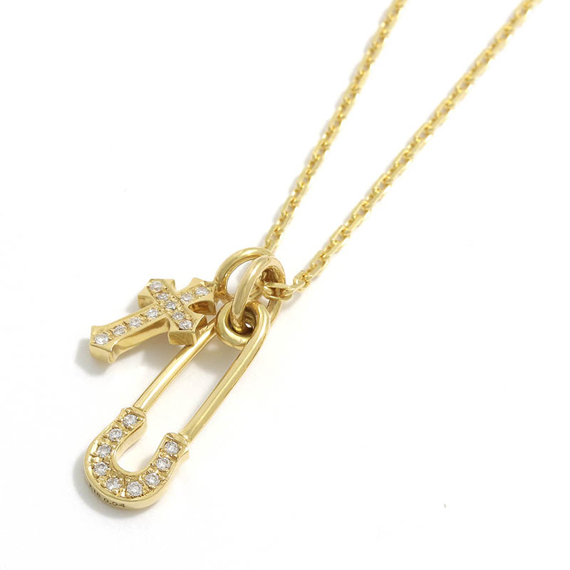 Safety Pin Charm + Little Cross Charm - K18Yellow Gold w/Diamond Set Necklace