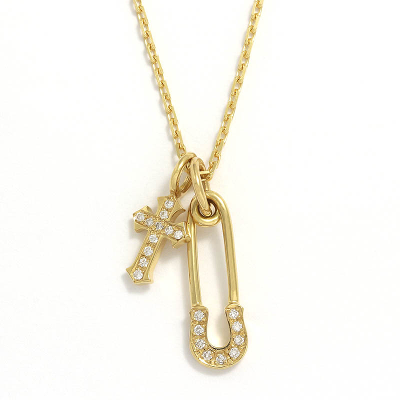 Safety Pin Charm + Little Cross Charm - K18Yellow Gold w/Diamond Set Necklace