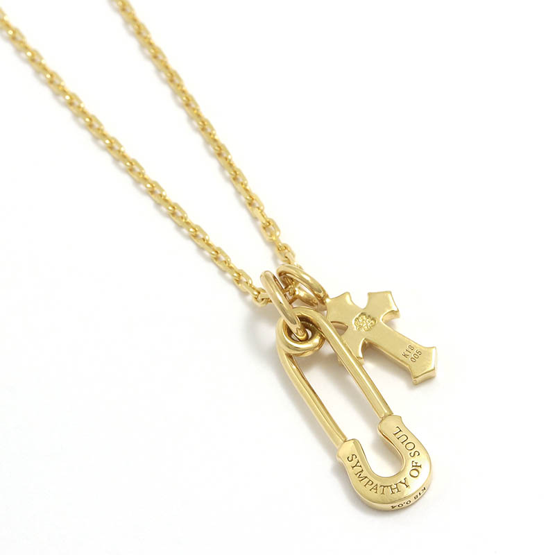 Safety Pin Charm + Little Cross Charm - K18Yellow Gold w/Diamond Set Necklace