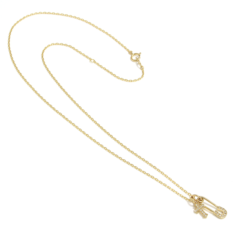 Safety Pin Charm + Little Cross Charm - K18Yellow Gold w/Diamond Set Necklace
