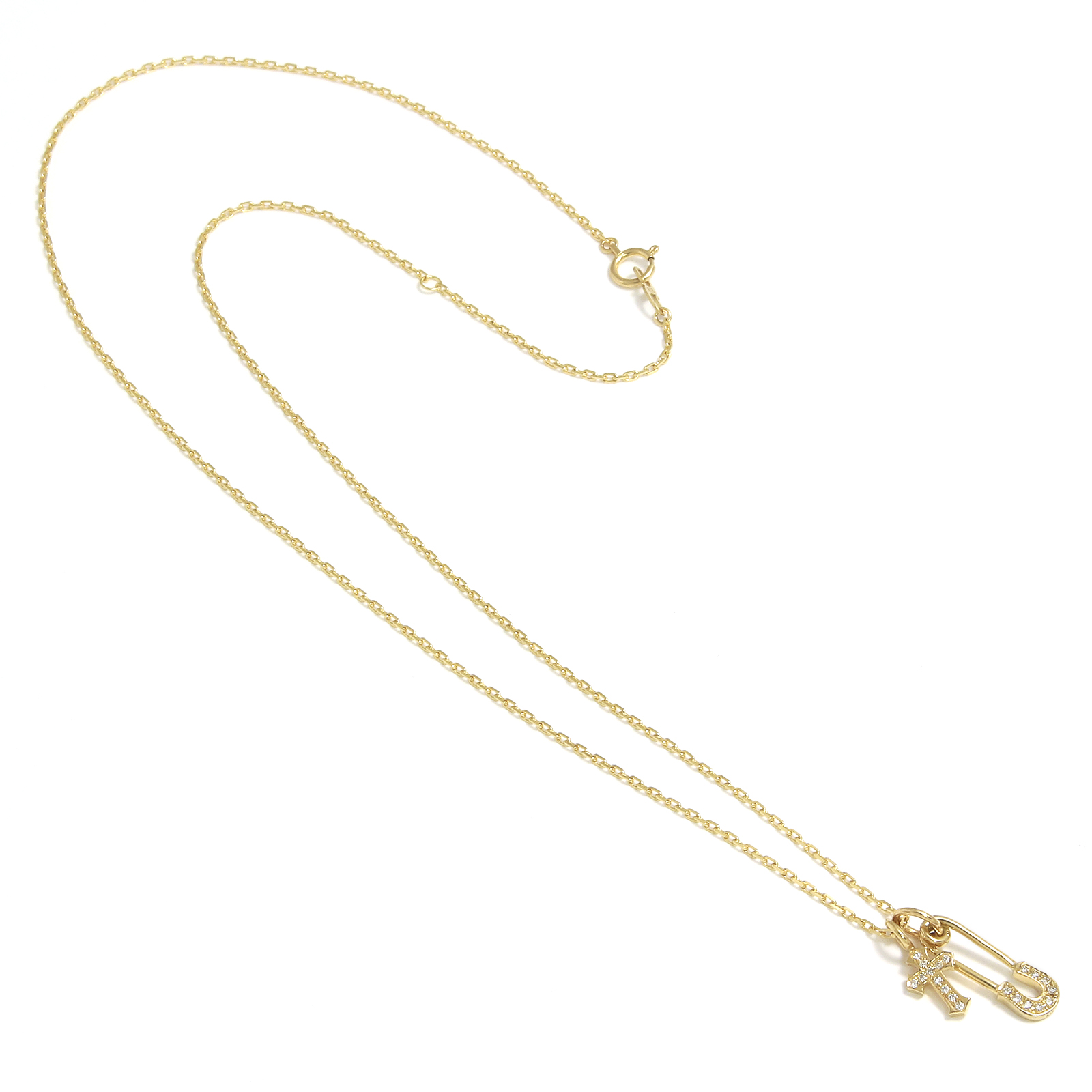 Safety Pin Charm + Little Cross Charm - K18Yellow Gold w/Diamond Set Necklace