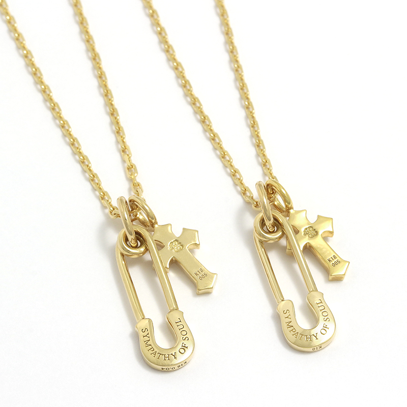 Safety Pin Charm + Little Cross Charm - K18Yellow Gold w/Diamond Set Necklace