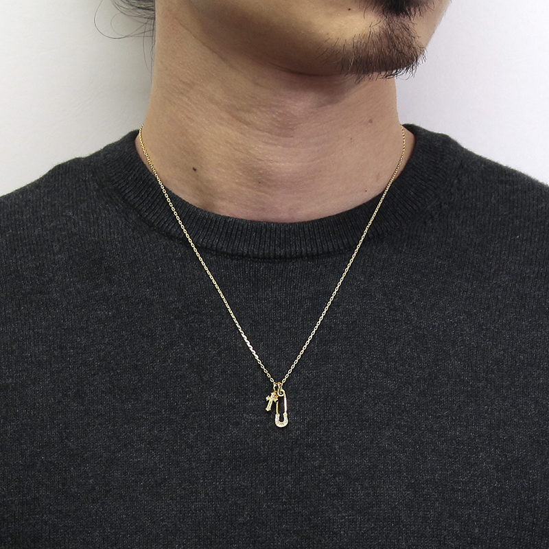 Safety Pin Charm + Little Cross Charm - K18Yellow Gold w/Diamond Set Necklace