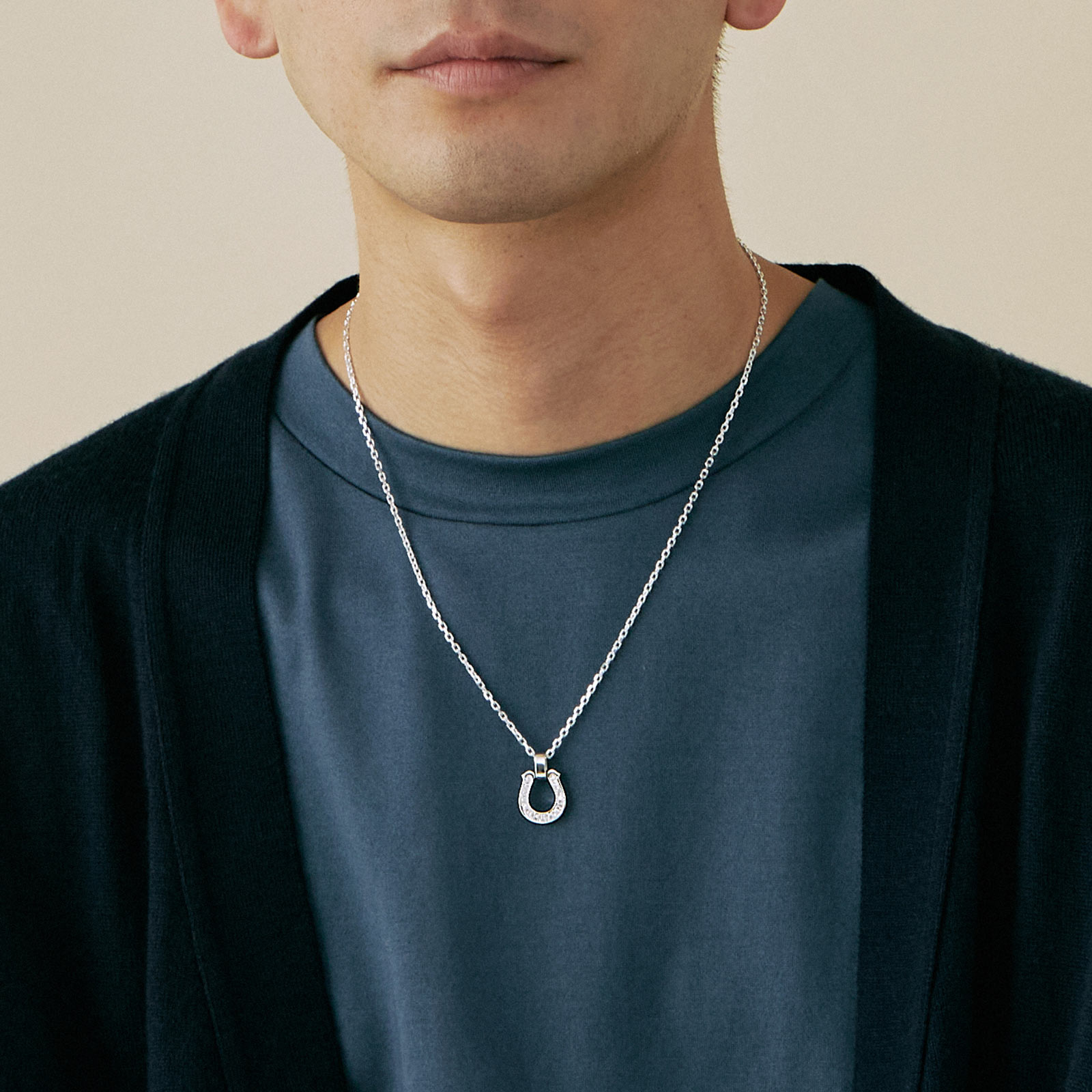 Large Horseshoe Pendant - Silver w/LG Diamond