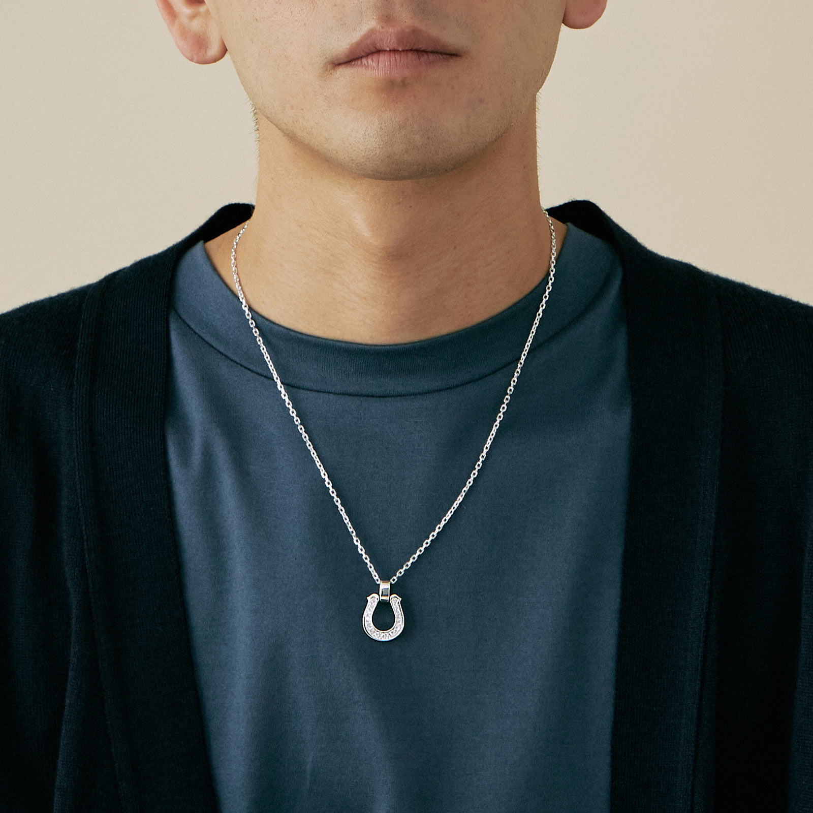 Extra Large Horseshoe Pendant - Silver w/LG Diamond