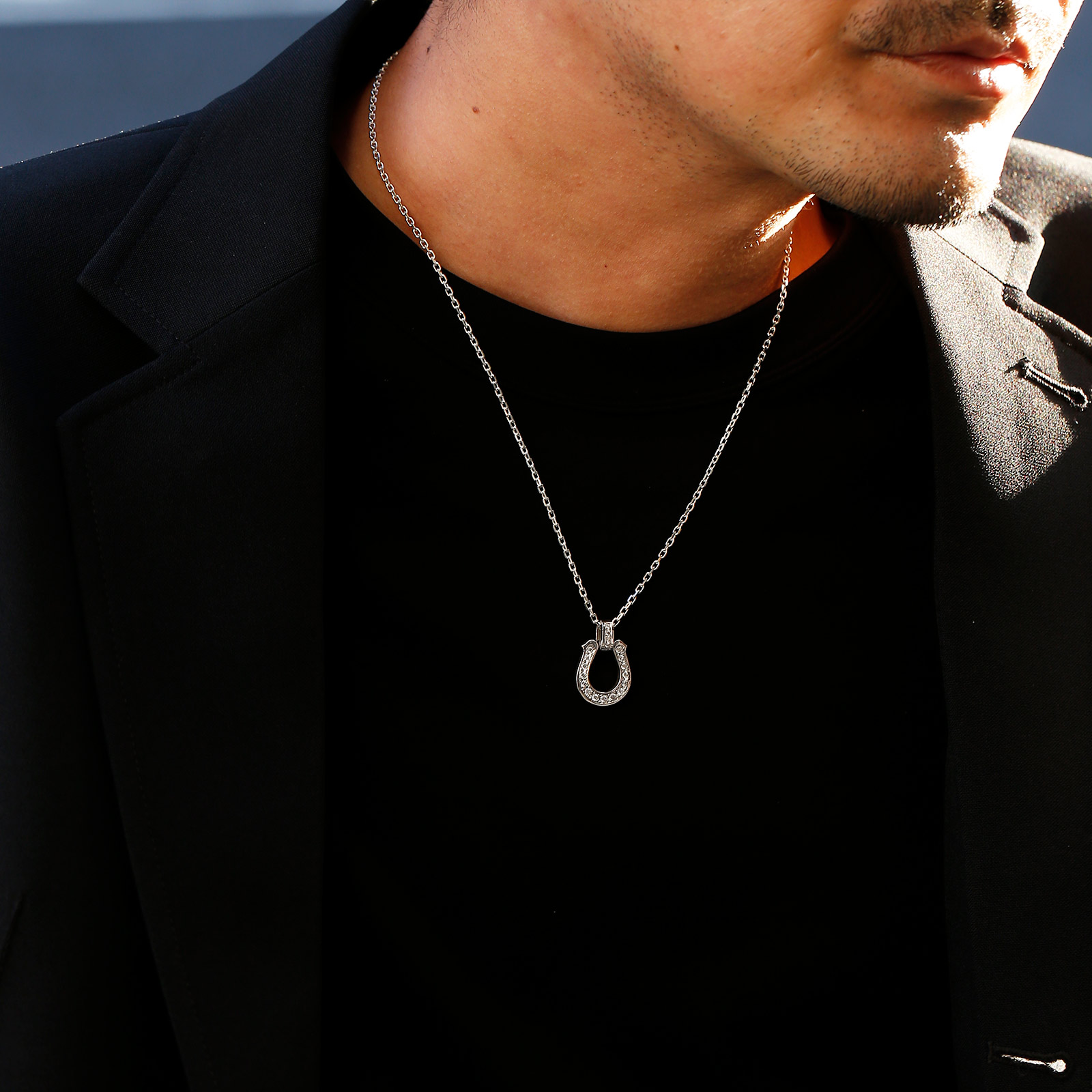 Extra Large Lux Horseshoe Pendant - Silver w/LG Diamond